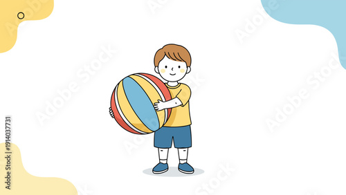 Young boy in a yellow shirt and blue shorts happily holds a large colorful inflatable beach ball on a simple background.
