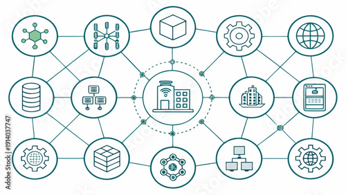 Network of icons representing various aspects of technology and industry, centered around a factory, in a pictogram style