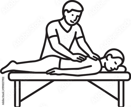 Outline vector icon representing sports massage therapy and physical recovery treatment for relaxation on table