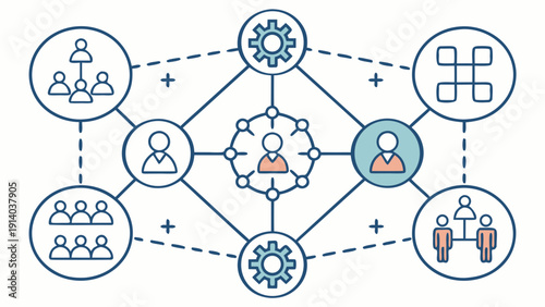Network diagram illustrating interconnected icons representing people and gears in a collaborative workflow environment from a top-down viewpoint