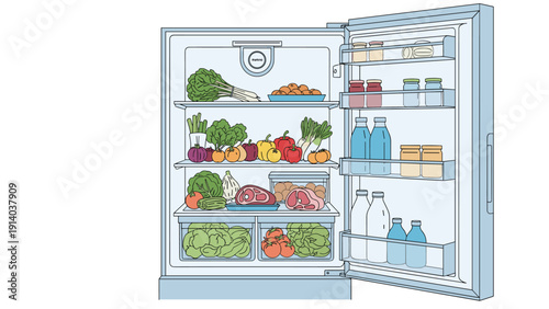 Open refrigerator filled with various fresh vegetables, fruits, meat, and bottled drinks organized neatly on glass shelves and in drawers.