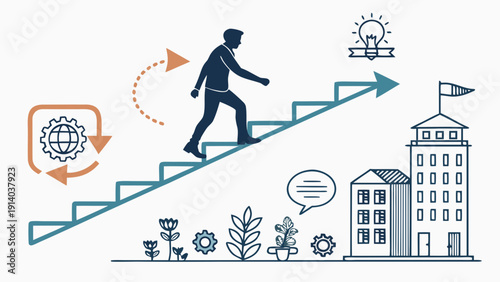 Man ascending stairs towards a building with a lightbulb and flag, symbolizing progress and achievement in a professional setting