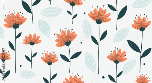 Elegant seamless pattern with stylized orange flowers and muted green leaves on a light gray background for textiles.
