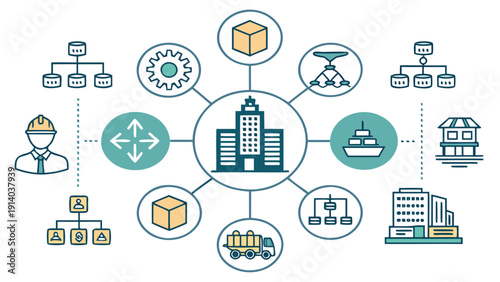 Logistics and transportation network illustration showcasing industrial processes and infrastructure in a modern setting from a central viewpoint