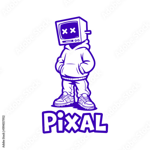 Innovative Digital Character Design with a Retro TV Head and Modern Streetwear Aesthetic