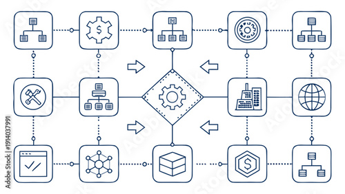 Iconography only pictogram style non linguistic diagram illustrating workflow and process management concepts in a graphical representation