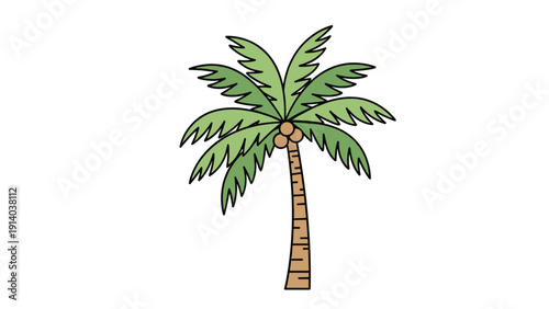 Simple illustration of a tropical palm tree with lush green fronds and three brown coconuts growing near the top of the trunk.