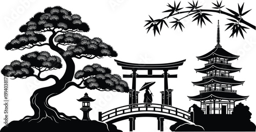 Japanese silhouettes, bonsai tree, lantern, torii gate, umbrella figure, arched bridge, pagoda, bamboo branches, 