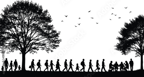 Park silhouettes, life stages, childhood to old age, walking people, family unity, nature bond, birds flying, outdoor lifestyle, generational connection