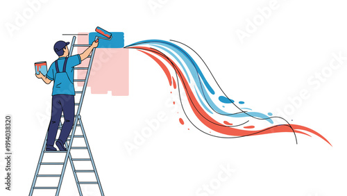 Male painter standing on a tall ladder applying blue paint to a wall with a roller brush while colorful paint trails flow behind him.