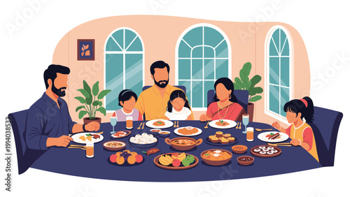 Large multi-generational Indian family gathering together around a banquet table to enjoy a feast of traditional cultural dishes and drinks.