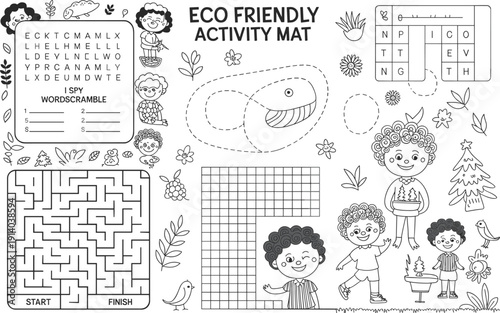 Eco friendly activity mat for children featuring word scramble maze and I spy games with cute cartoon characters and nature
