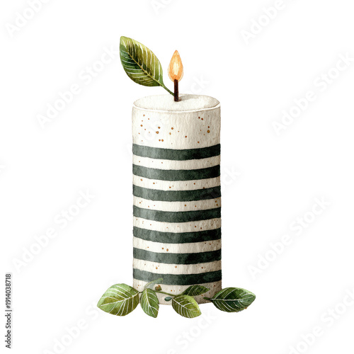 Illustration of a striped pillar candle with leaves, illuminated against a black background
