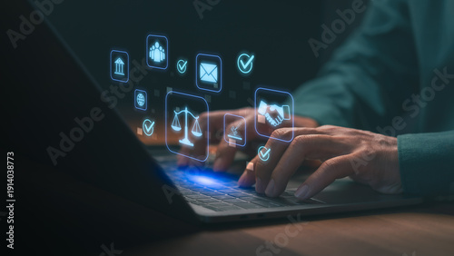 Lawyer using laptop for online legal services, business contract, and digital justice. Legal technology concept featuring attorney, scales of justice, compliance, and law firm icons.