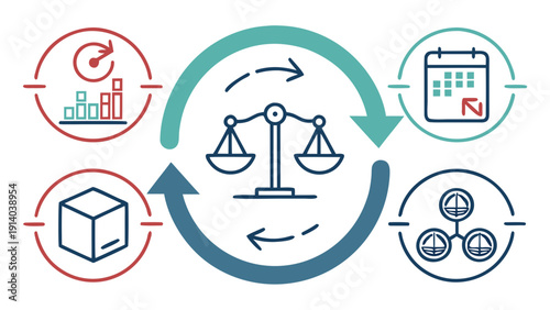 Balance and harmony in business operations represented by scales surrounded by icons of data analysis, planning, and productivity in a circular flowchart