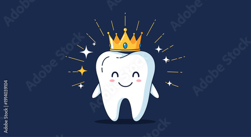 Cheerful cartoon tooth character wearing a golden crown and sparkling with stars on a dark navy blue background.
