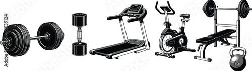 Set of black and white gym equipment icons featuring treadmill stationary bike barbell dumbbells and weight bench for fitness workout concepts