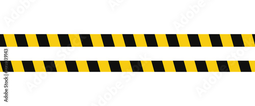 Warning tape with yellow and black diagonal stripes. Warn stop seamless line. Yellow and black caution tape border.