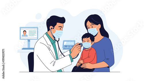 Pediatrician wearing a protective face mask uses a stethoscope to examine a young child being held by his mother in a medical office.