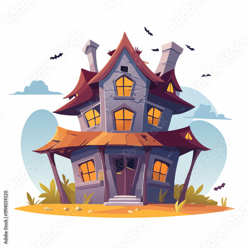 Spooky Haunted House Illustration with Bats and Eerie Atmosphere