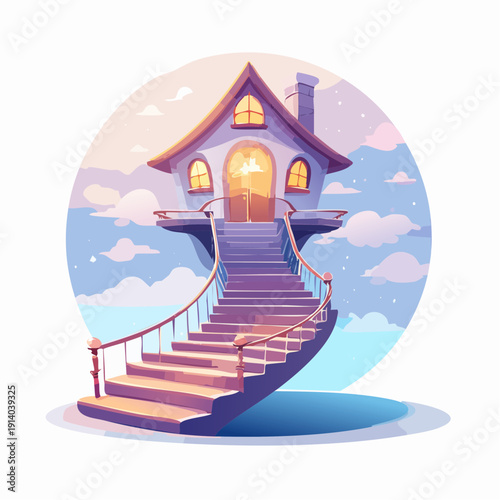 Enchanting staircase leading to a whimsical house in the clouds at sunset