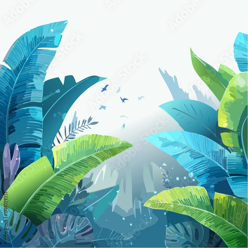 Tropical jungle landscape with exotic plants and flying birds in a beautiful nature scene