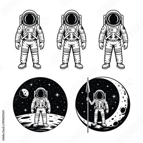 Three astronauts and space themed emblems in a vintage style