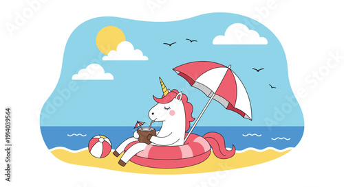 Cute unicorn relaxing on a beach while sitting in a pink inner tube and drinking a coconut cocktail under a red and white striped umbrella.
