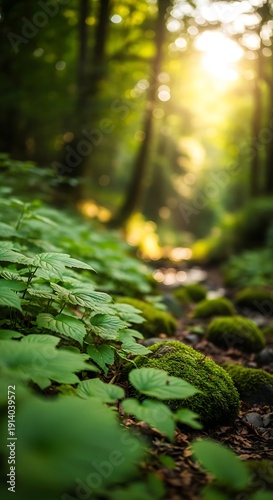 Sunlit forest path with vibrant green undergrowth and mossy stones
