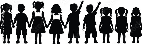 Children silhouette collection, group of kids standing holding hands, boys and girls vector set, childhood friendship, school students, isolated on white.