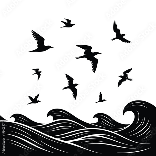 A flock of birds soars above stylized ocean waves in black and white