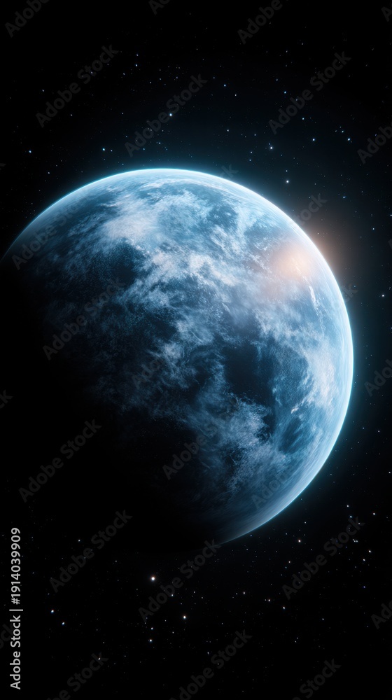 Fototapeta premium A vivid view of Earth from space, blue oceans and cloud-covered continents glowing against a starry void vast