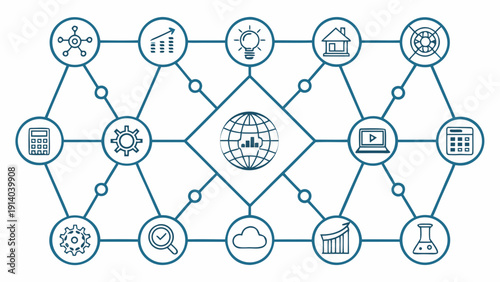 Global network connection illustration showcasing various technology and data analysis icons in a pictogram style