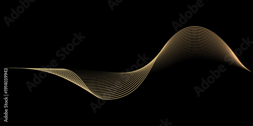 3D vector pattern of gold waves in a smooth curve, flowing dynamic golden gradient wavy lines isolated on black background concept of luxury, digital, AI, technology, communication, science, music