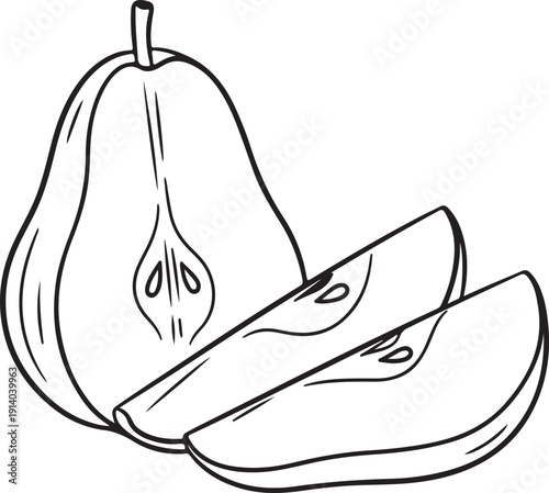 Simple black and white line art illustration depicting one whole pear cut in half alongside two distinct sliced wedges ready for healthy eating inspiration or coloring books