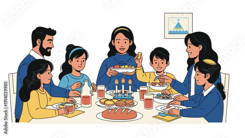 Large Jewish family gathering together for a traditional Shabbat dinner featuring challah bread, wine, and lit candles at the table.