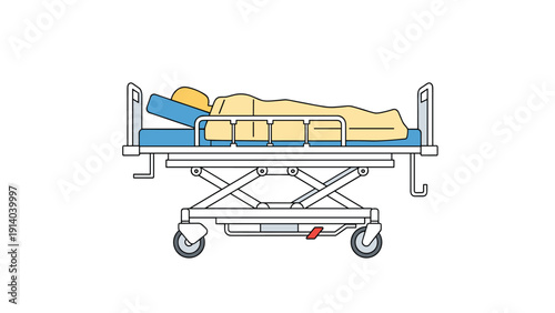 Side profile of a patient lying in a modern adjustable hospital bed covered with a blanket in a clean clinical environment.
