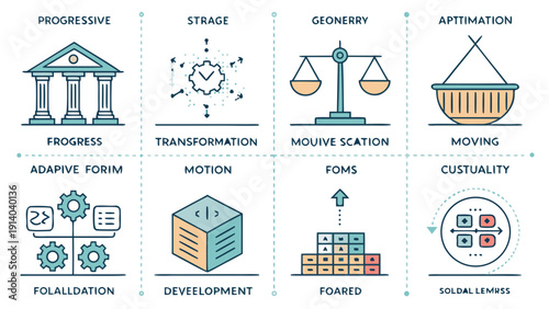 Iconic representations of concepts including progression, transformation, and customization in a modern, illustrative style