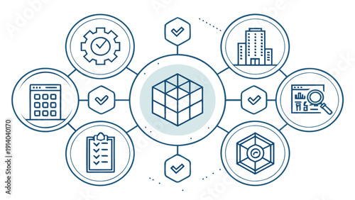 3D cube icon surrounded by related icons in a circular diagram illustrating graphic design concepts