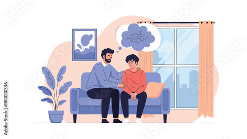 Compassionate man sitting on a sofa and comforting a distressed friend who is experiencing mental health struggles or confusion.