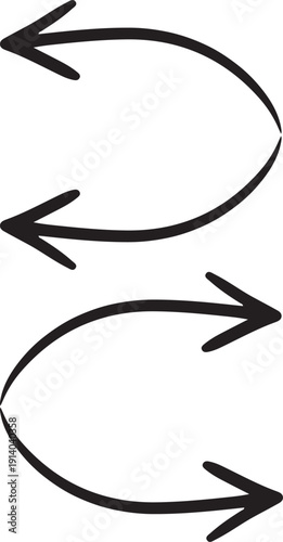 Hand drawn black curved arrow set, minimalist double directional pointer icons and organic cycle symbols on gray.