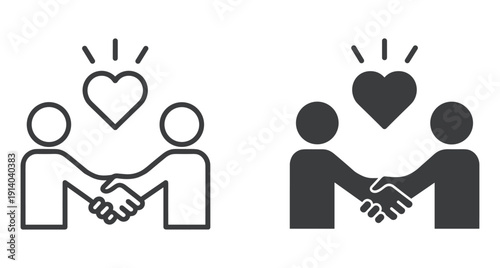 Two people shaking hands under heart icon showing cooperation friendship and business deal
