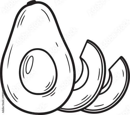 Fresh avocado cut into slices with a pit inside on a white background, simple black outline illustration style