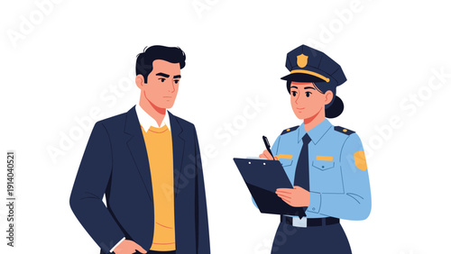 Professional female police officer in uniform taking notes on a clipboard while speaking with a man in a business suit.