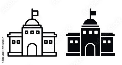 Minimalist vector illustration of a public institution or school building with a waving flag