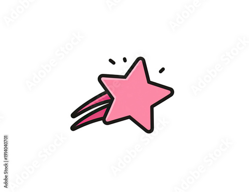 A cartoon pink star with a trail of speed lines against a stark black background
