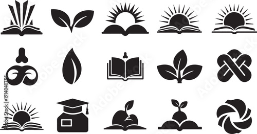 Education and growth icons in black and white style