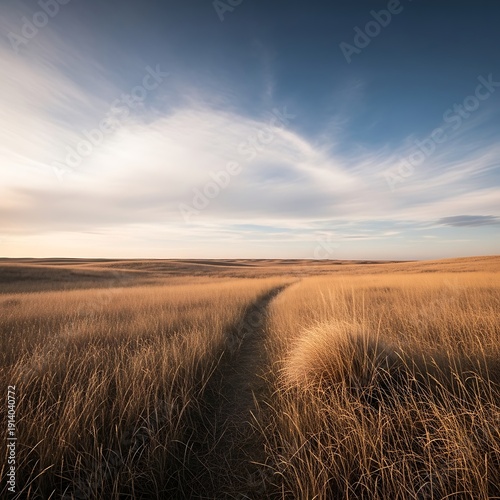 Winding Pathway Through Golden Prairie Grass Under a Expansive Sky