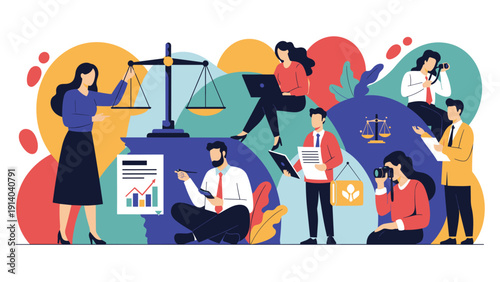 Diverse collage of people performing professional roles in law, business, journalism, and photography against a colorful abstract background.
