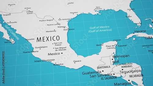 Smooth camera flyover across Central America and the Caribbean region on a detailed political world map.